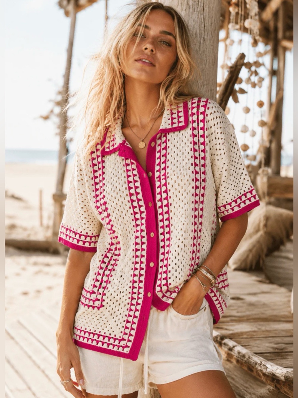 🌟B694. Boho Chic Open Knit Short Sleeve Cardigan with Pink Trim